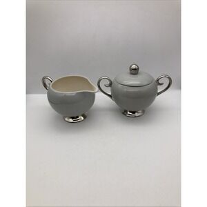 Flintridge China Miramar Gray with Platinum Sugar Bowl w/Lid & Creamer